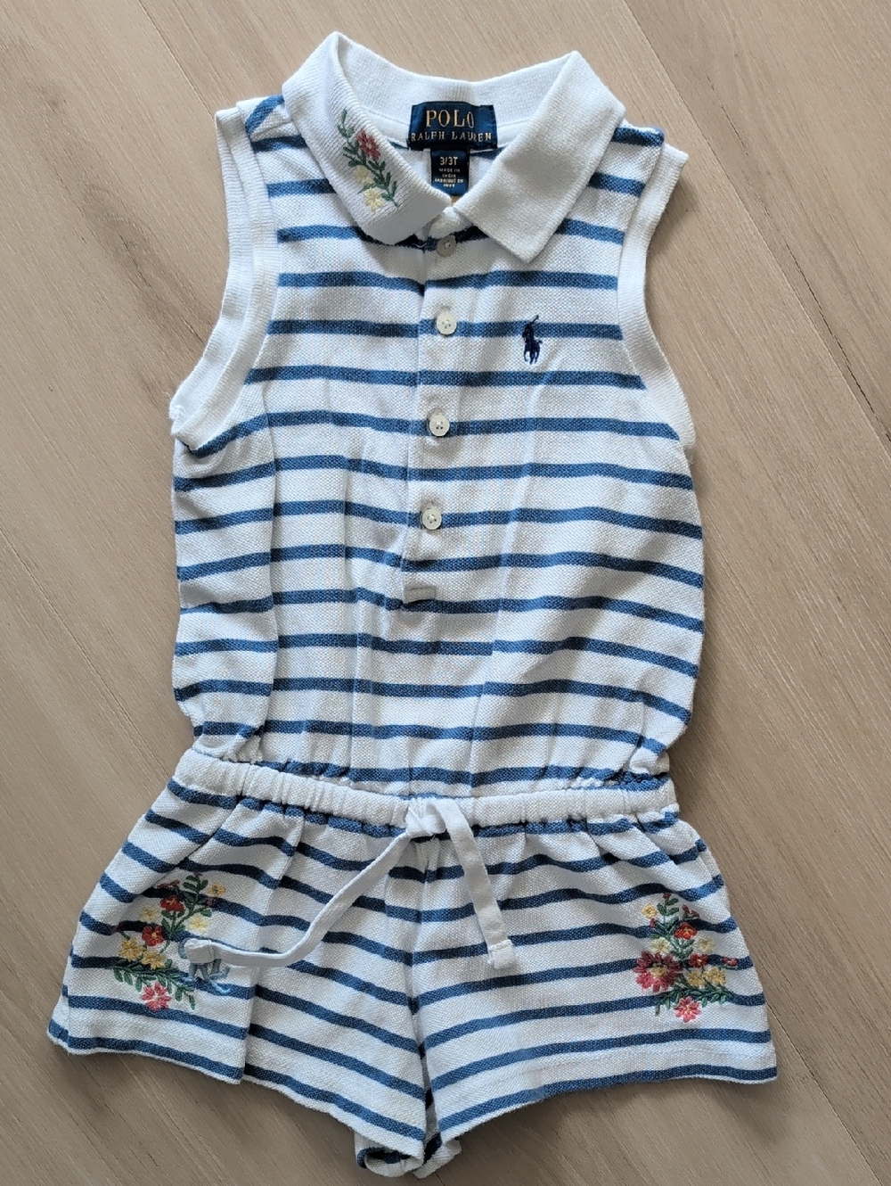 Polo Ralph Lauren Blue White Stripe Floral Accent Jumper 3T Girls